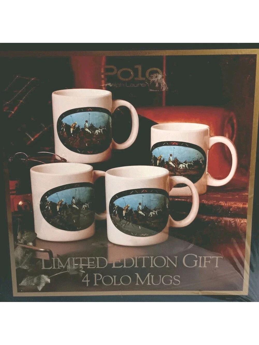 NEW RALPH LAUREN COFFEE Mug Set (4) EQUESTRIAN POLO PLAYER Ltd Edition 1978 Gift